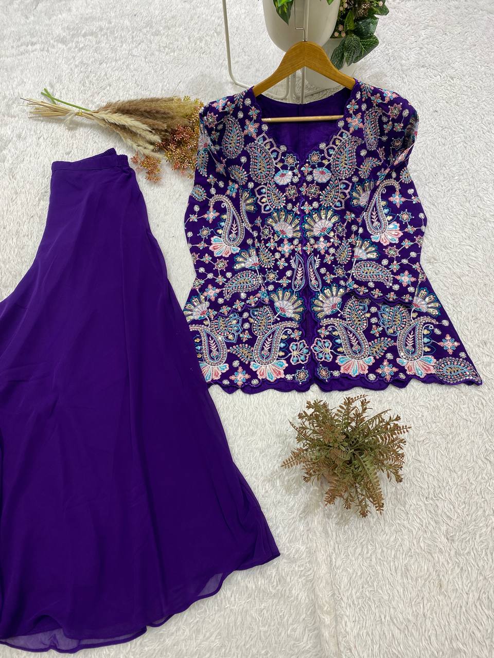 Georgette Embroidered Top Palazzo Set