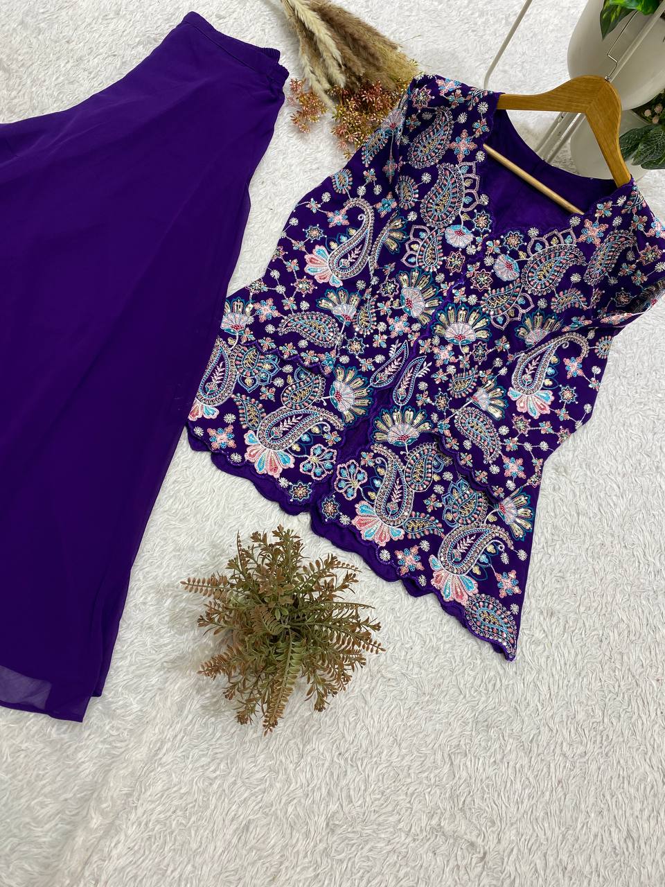 Georgette Embroidered Top Palazzo Set
