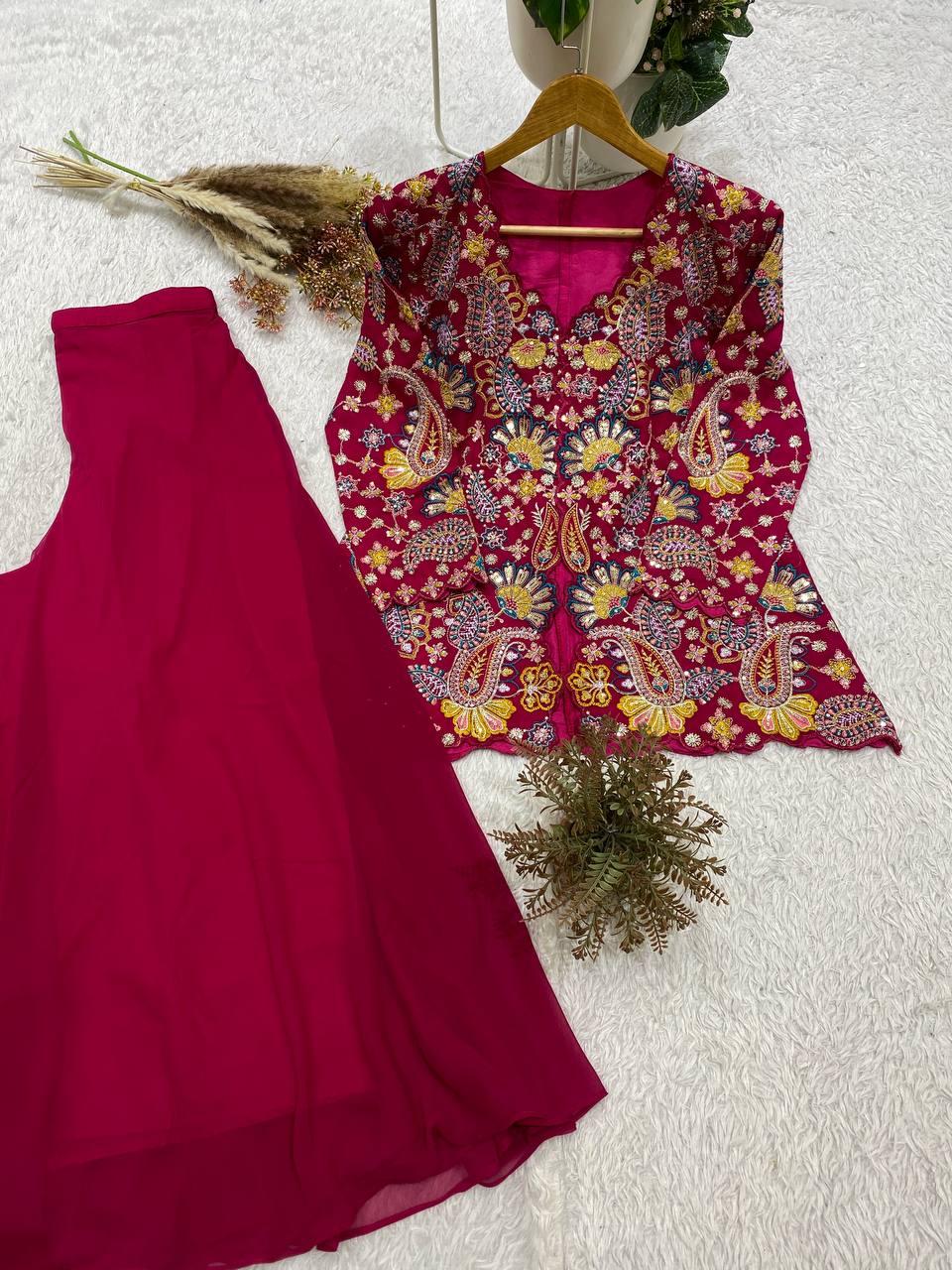 Georgette Embroidered Top Palazzo Set