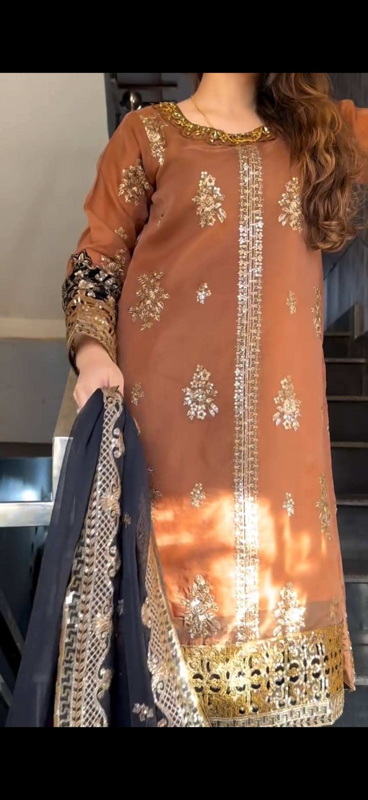 Heavy Embroidered Nylon Twill Net Kurti Palazzo Dupatta Set