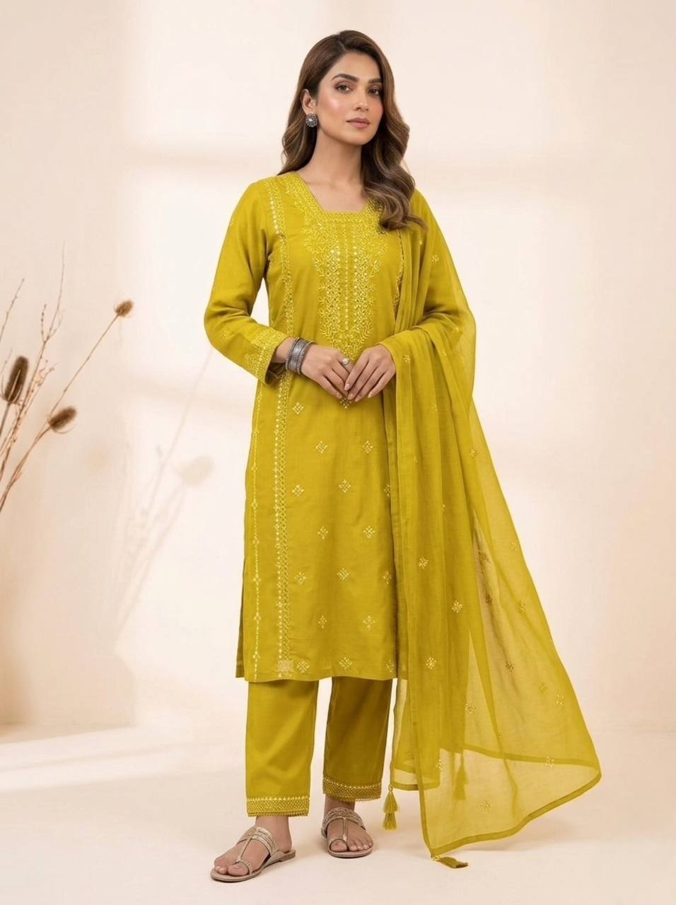 Designer Embroidered Top Pant Dupatta Set