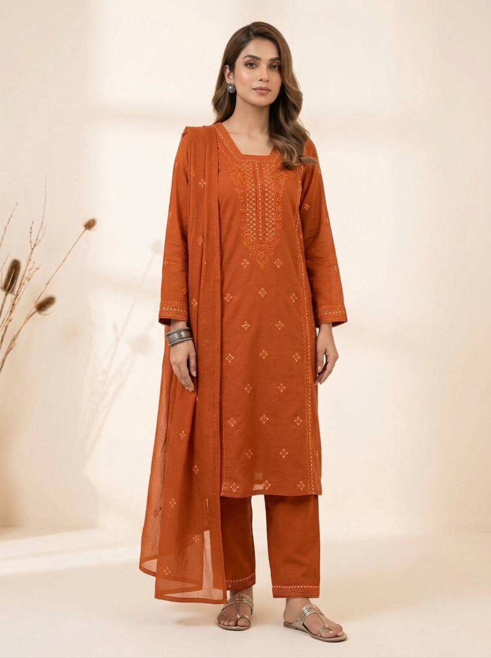 Designer Embroidered Top Pant Dupatta Set