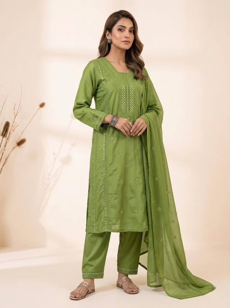 Designer Embroidered Top Pant Dupatta Set