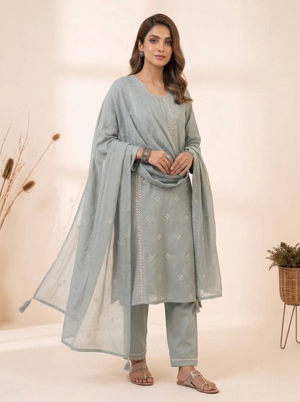 Designer Embroidered Top Pant Dupatta Set