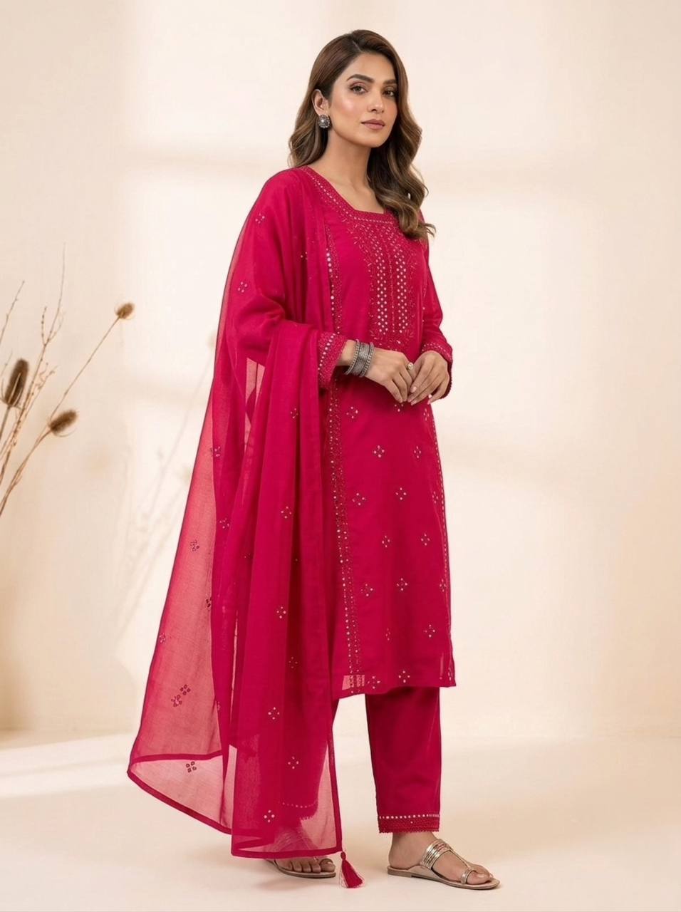 Designer Embroidered Top Pant Dupatta Set