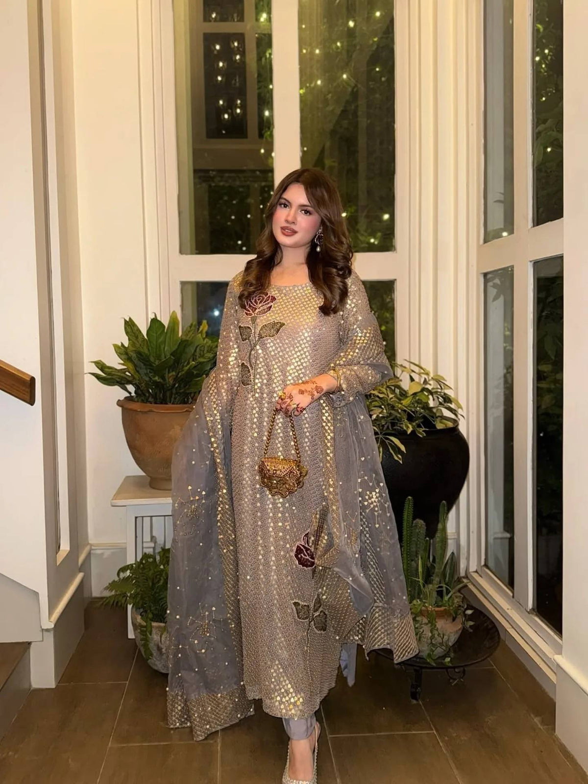 Dual Sequins Embroidered Faux Georgette Kurti Pant Dupatta Set