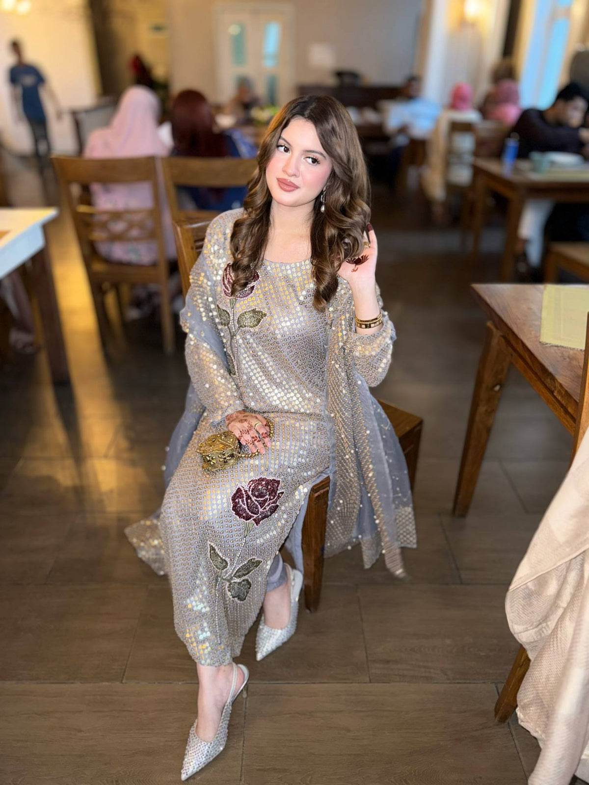 Dual Sequins Embroidered Faux Georgette Kurti Pant Dupatta Set