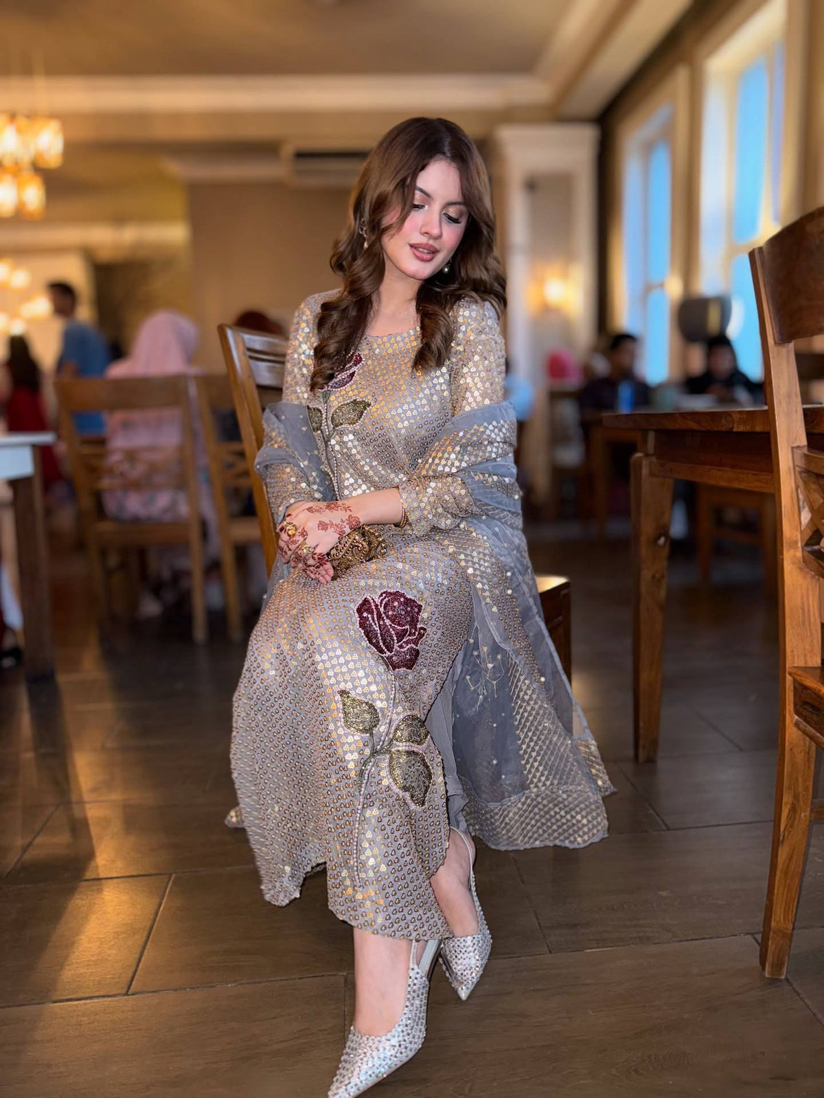 Dual Sequins Embroidered Faux Georgette Kurti Pant Dupatta Set