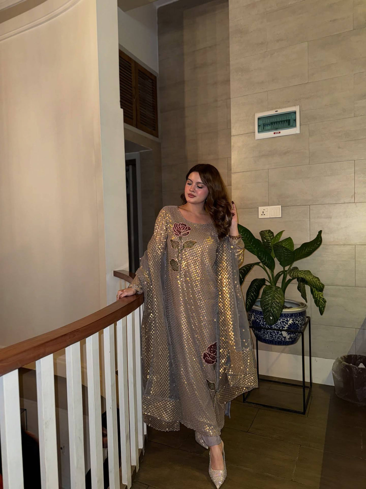 Dual Sequins Embroidered Faux Georgette Kurti Pant Dupatta Set