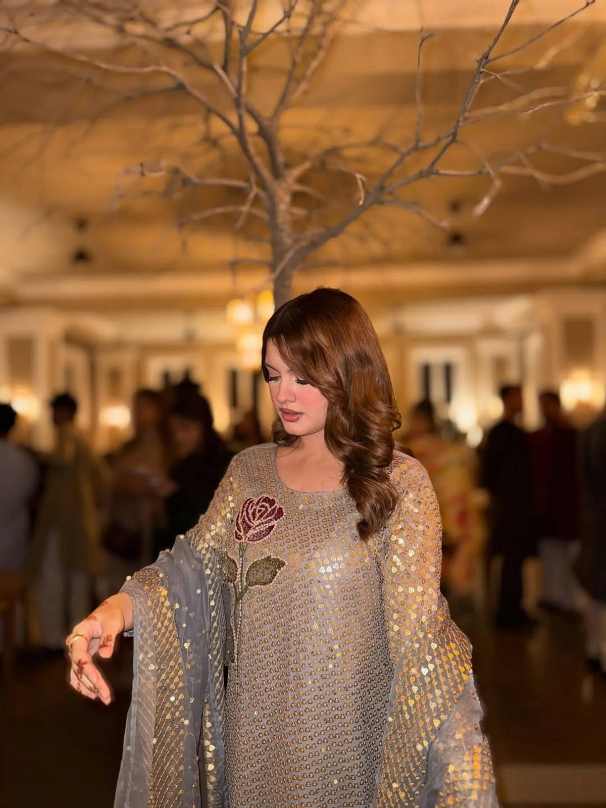 Dual Sequins Embroidered Faux Georgette Kurti Pant Dupatta Set
