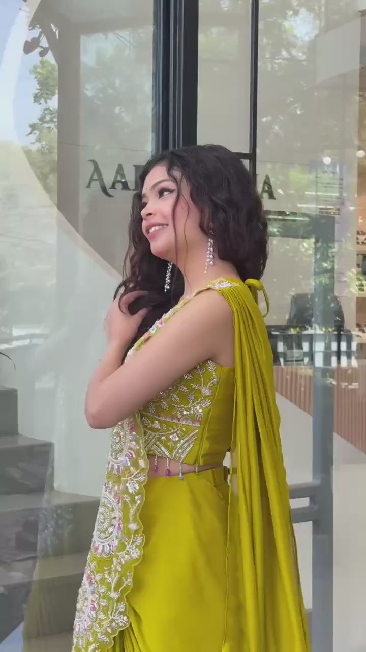 Mustard Yellow Ready to Wear Drape Saree with Heavy Embroidered Blouse | Faux Georgette Designer Party Wear Saree
