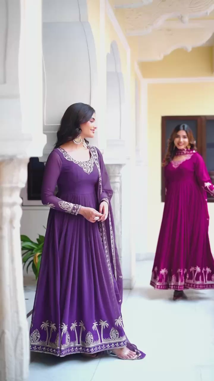 Designer Faux Georgette Embroidered Gown With Pant & Dupatta