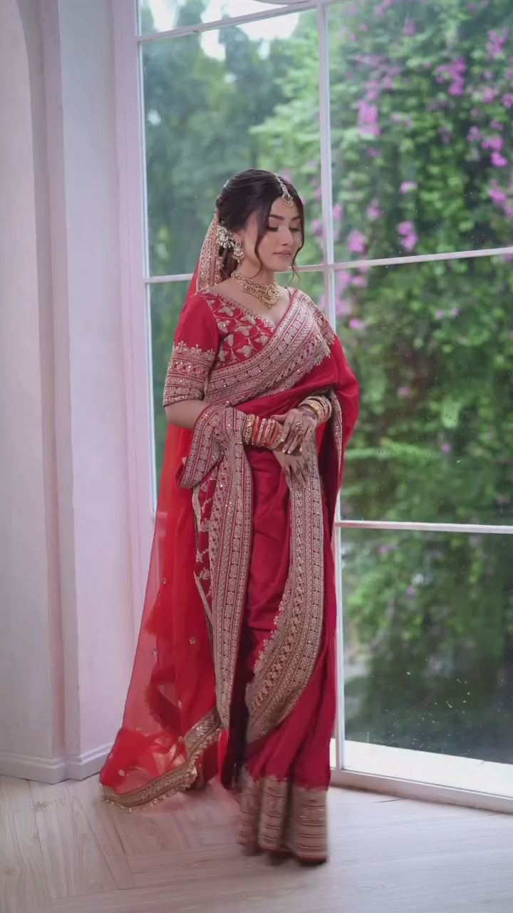 Designer Japan Satin Thread & Coding Sequin Work Saree With Dupatta