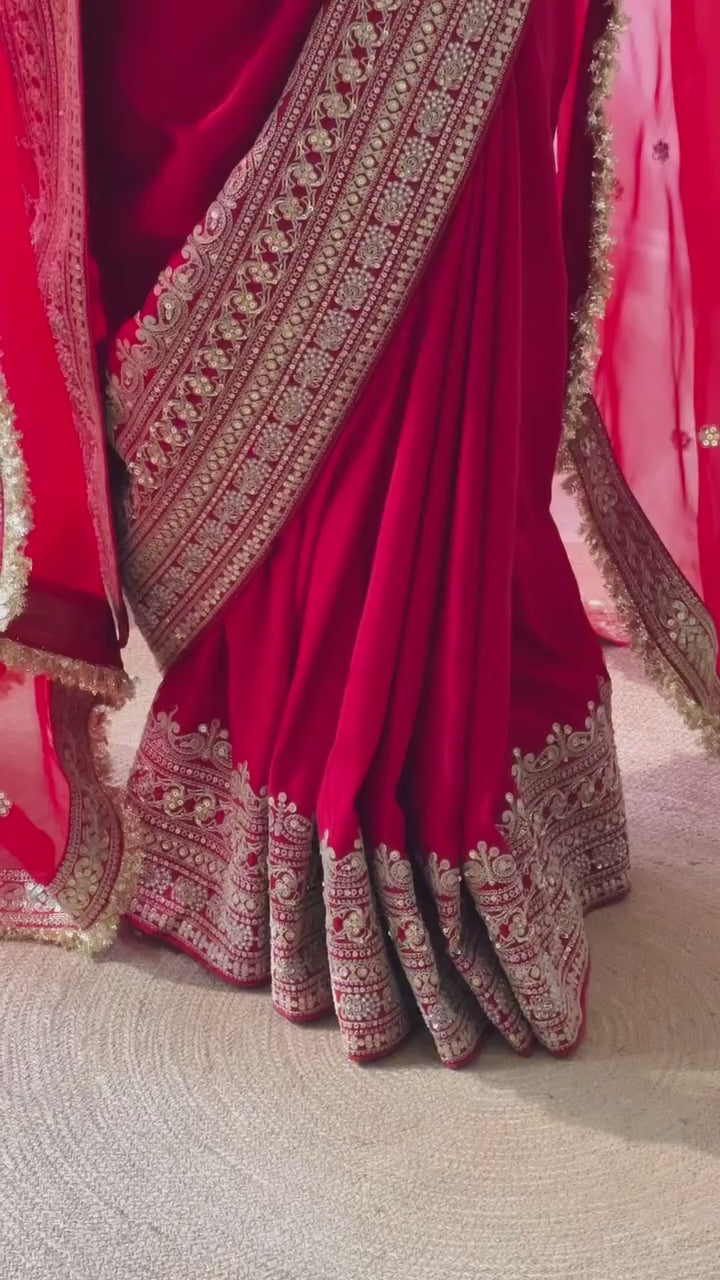 Designer Japan Satin Thread & Coding Sequin Work Saree With Dupatta