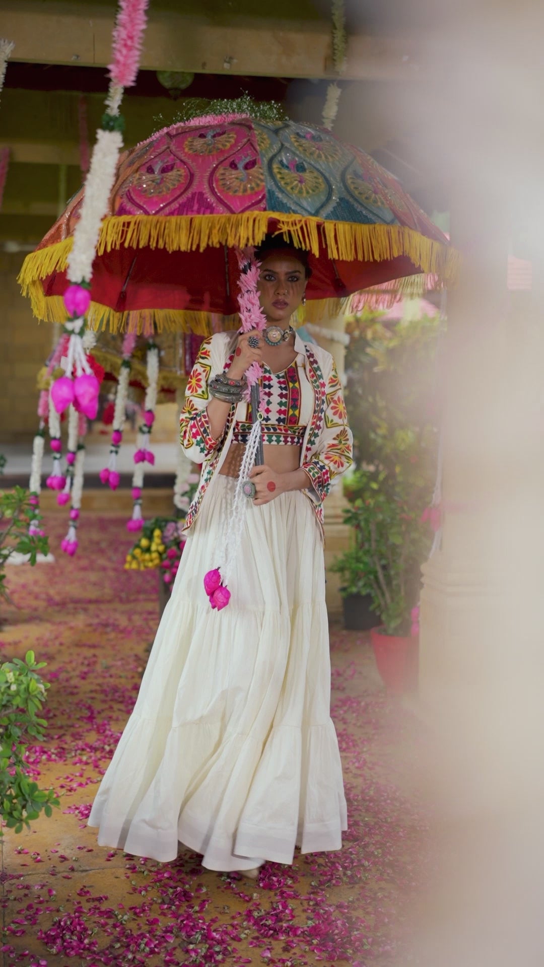 Women's White Cotton Lehenga Set with Embroidered Shrug & Blouse | Navratri Garba Dandiya Ethnic Wear
