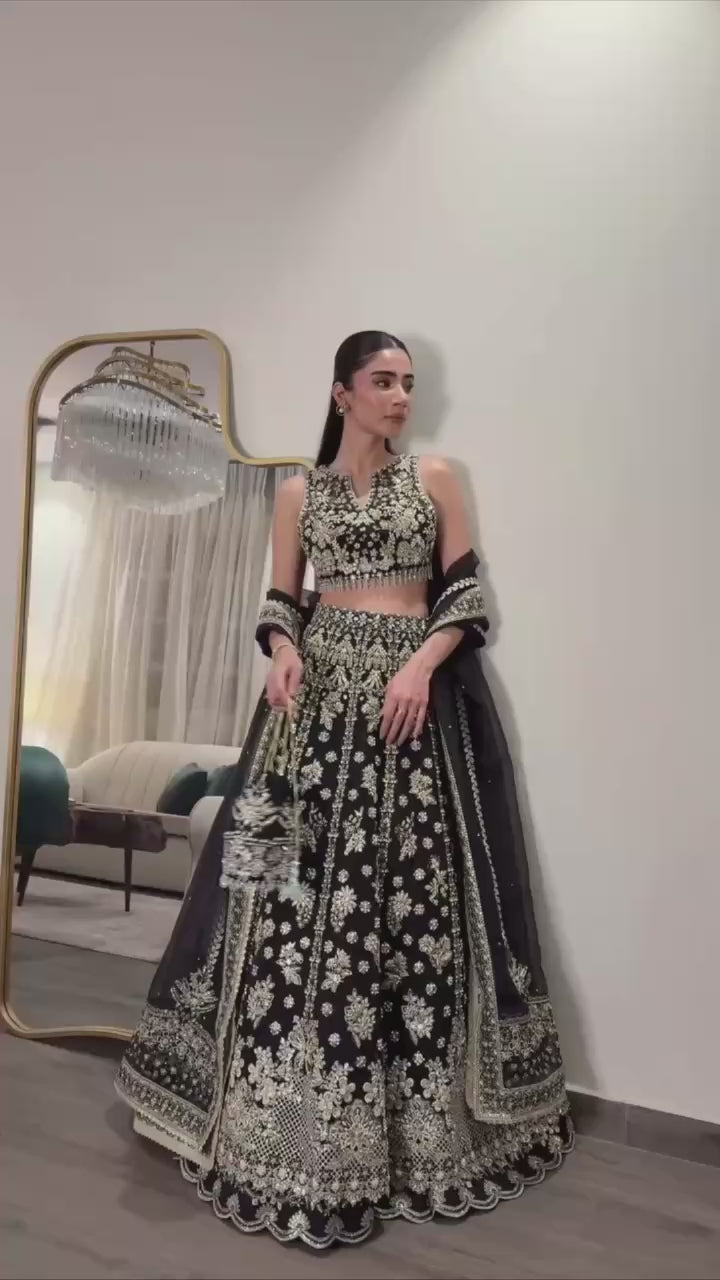 Black Chinon Silk Designer Lehenga with Heavy Sequin, Zari & Dori Work
