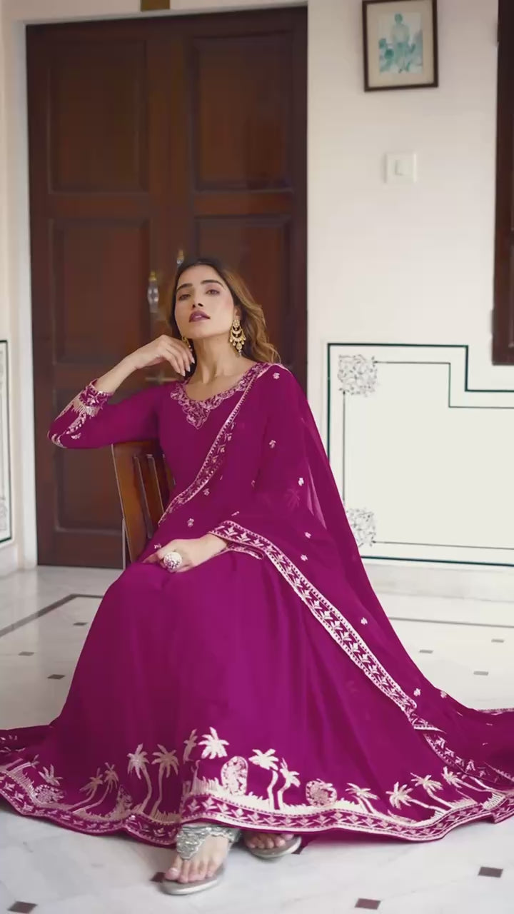 Designer Faux Georgette Embroidered Gown With Pant & Dupatta