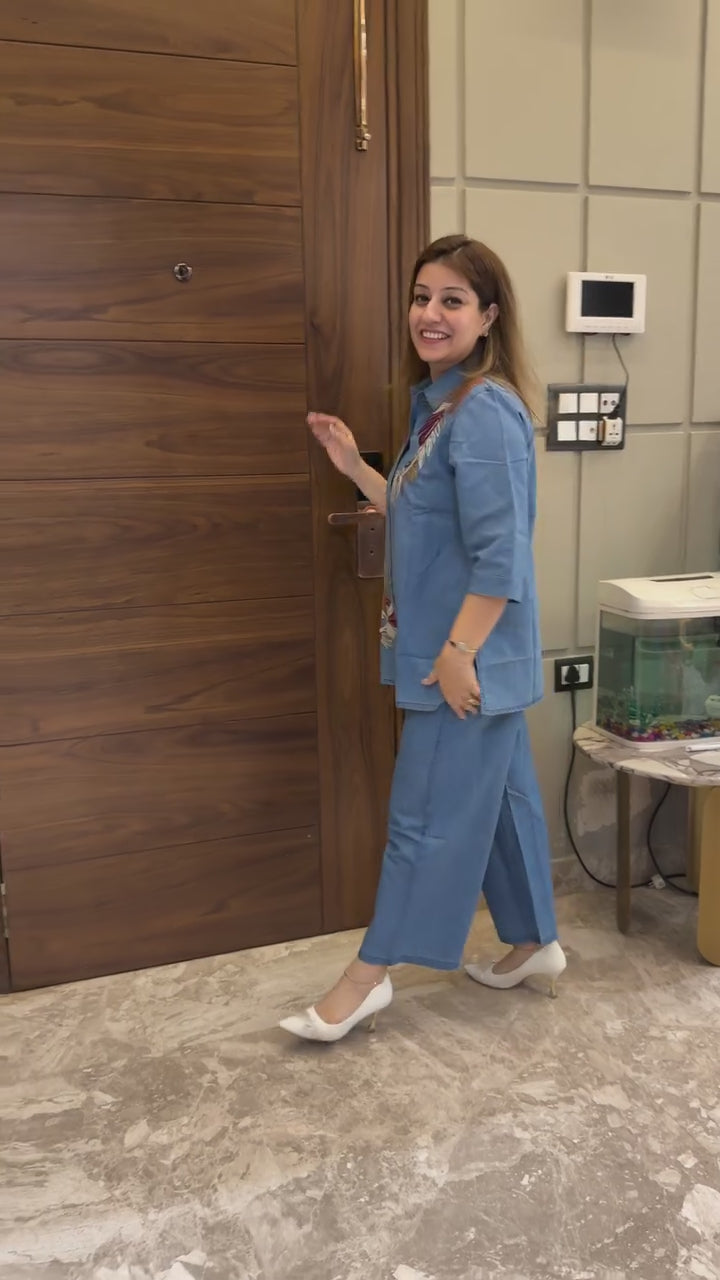 Blue Cotton Denim Embroidered Co-Ord Set for Women