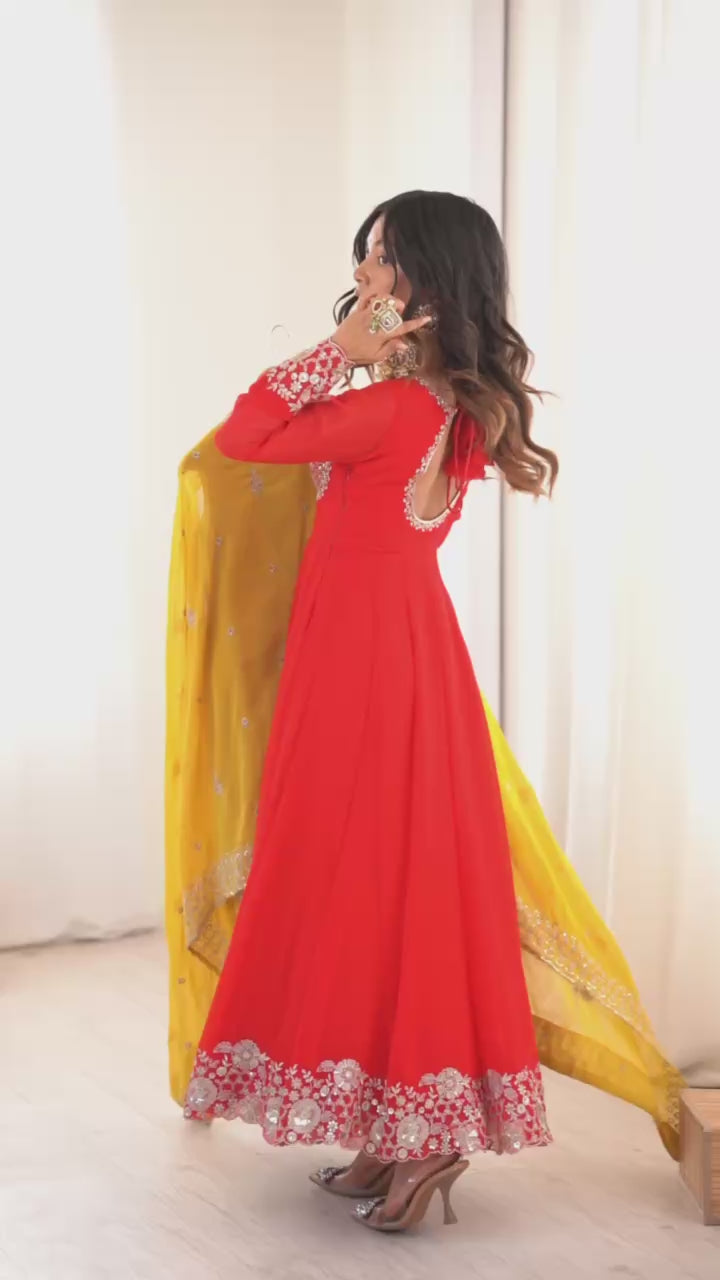 Yellow Faux Georgette Anarkali Suit with Designer Embroidery & Sequin Work