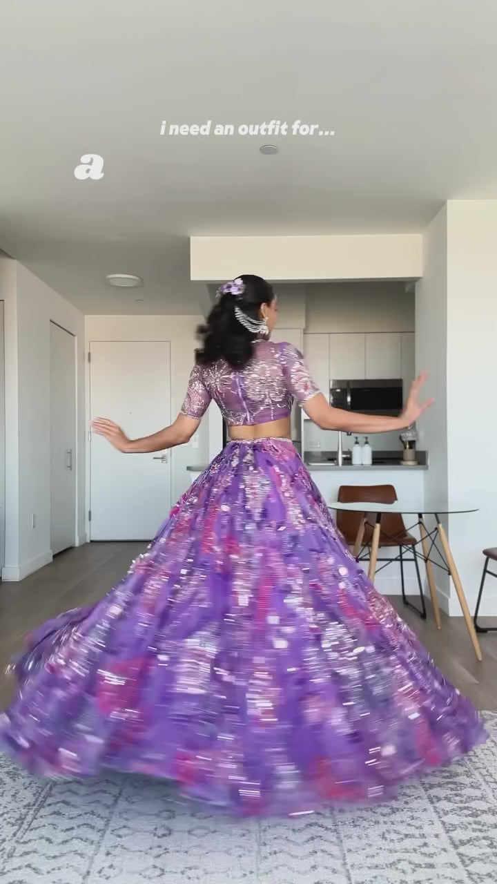 Purple Taby Silk Lehenga with Hand Mirror, Embroidery & Sequin Work