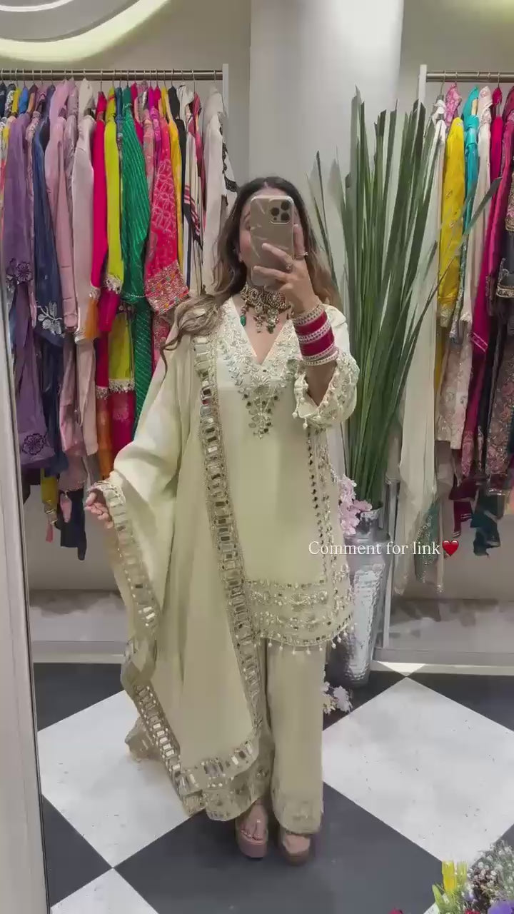 White Georgette Mirror Work Palazzo Suit Set
