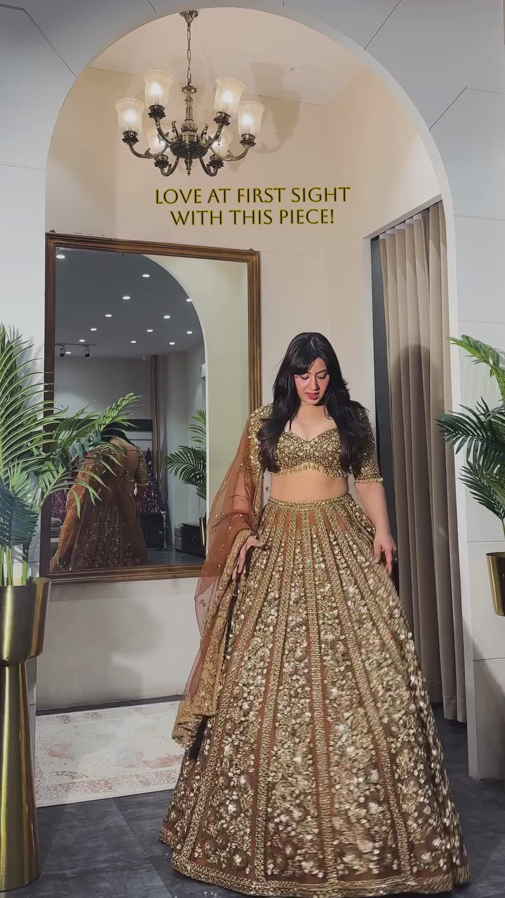 Luxury Golden Bridal Lehenga with Heavy Dori, Embroidery & Glass Sequins Work