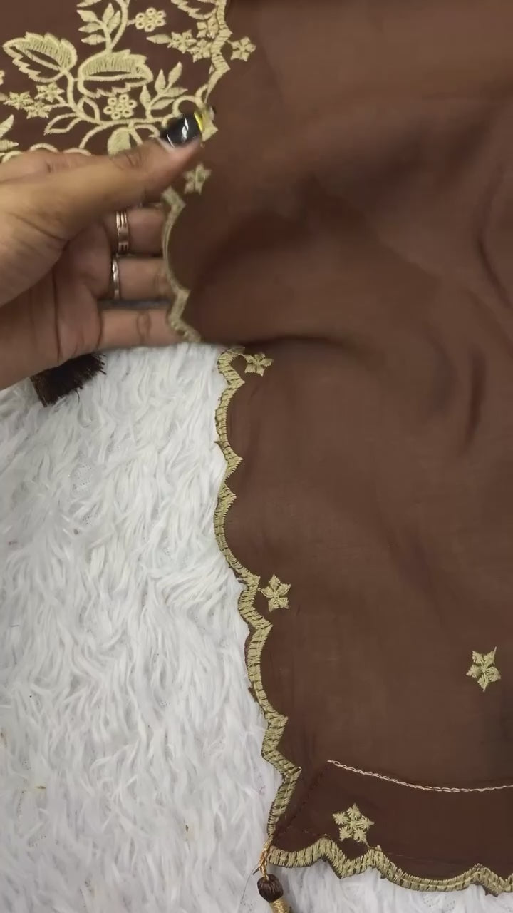 Brown Rayon Embroidered Kurta Palazzo Set with Dupatta
