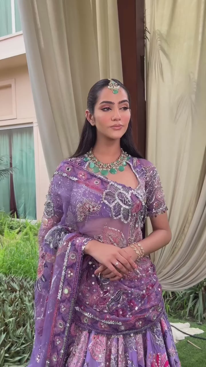 Purple Taby Silk Lehenga with Hand Mirror, Embroidery & Sequin Work