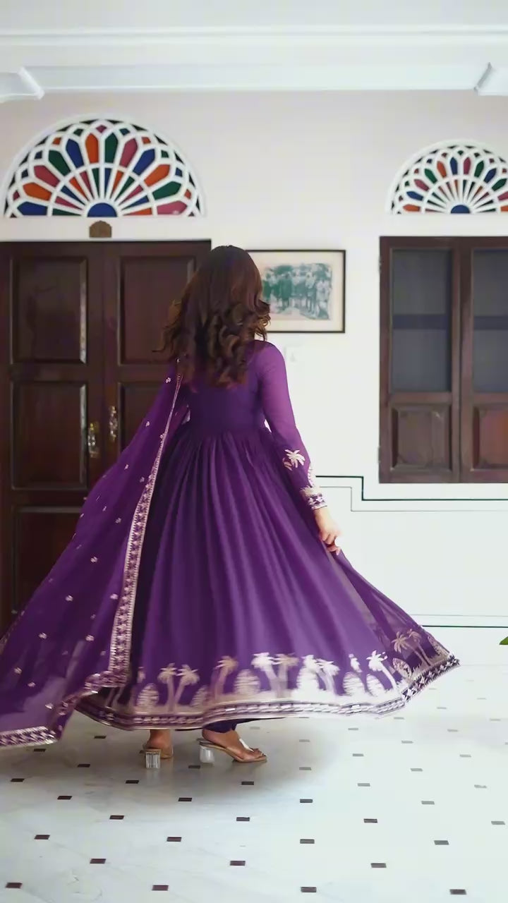Designer Faux Georgette Embroidered Gown With Pant & Dupatta