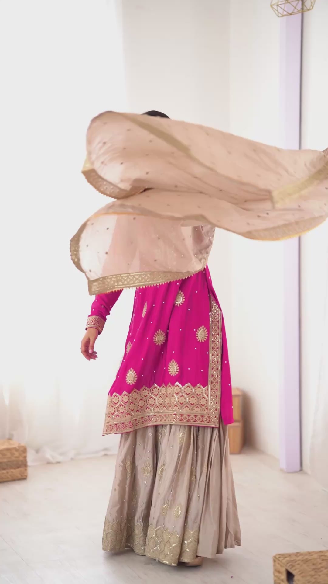 Designer Chinon Silk Sharara Suit Set