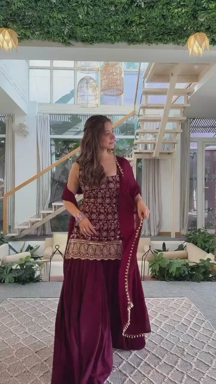 Designer Wine Sharara Suit Set for Women | Heavy Embroidered Party Wear Sharara with Dupatta