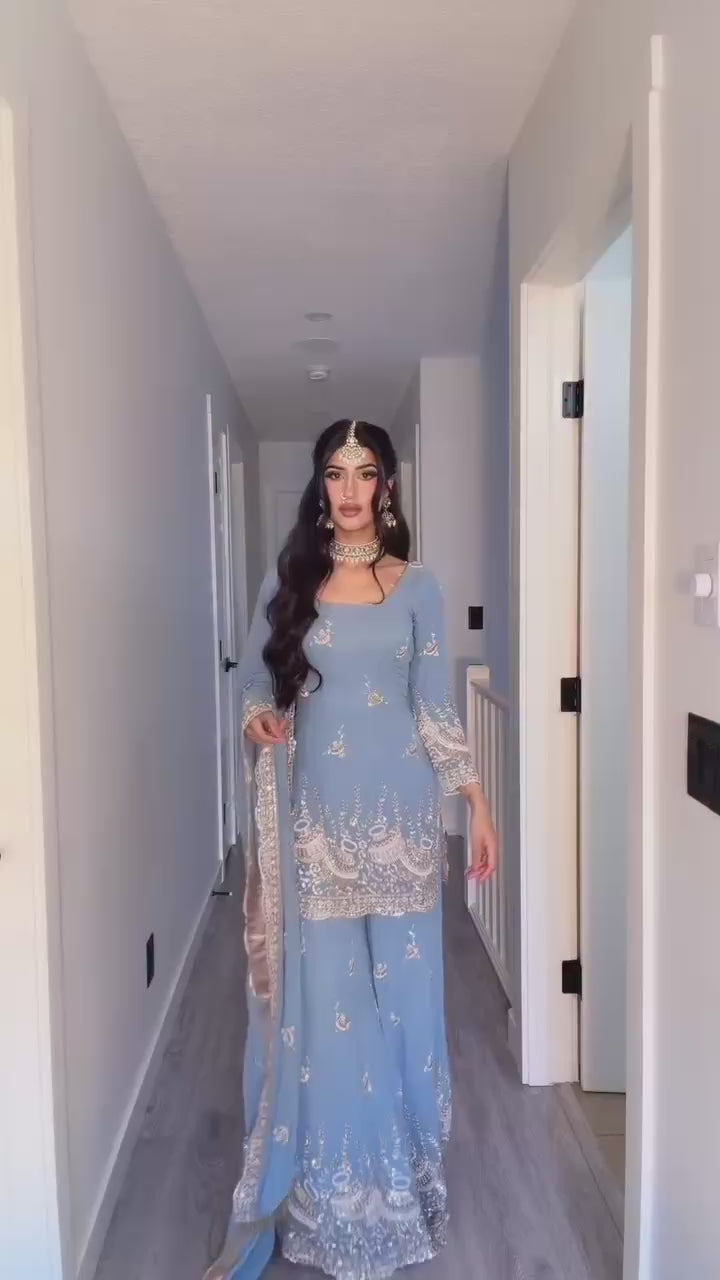 Sky Blue Faux Georgette Embroidered Kurti Palazzo Set with Dupatta | Beads & Cut Dana Work | Women's Festive Wear