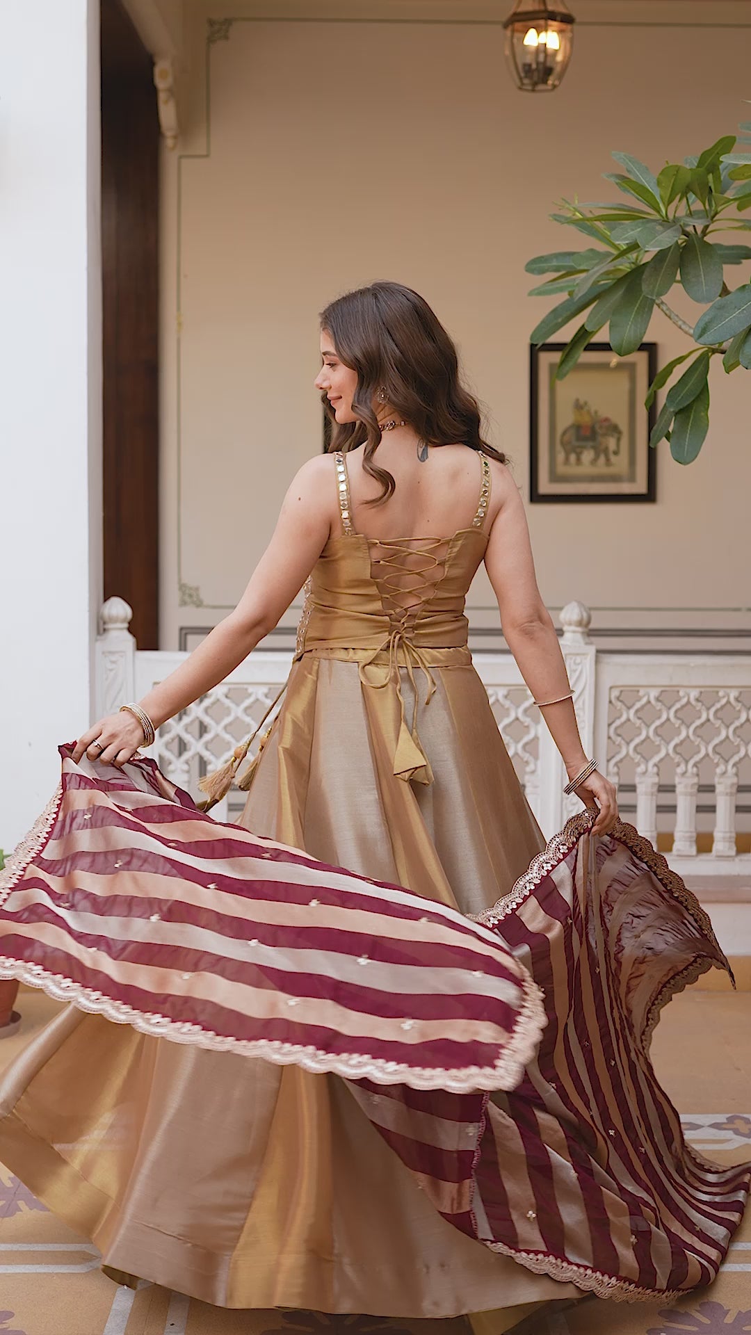 Golden Banarasi Lehenga Choli with Embroidered Organza Dupatta | Premium Wedding & Festive Wear