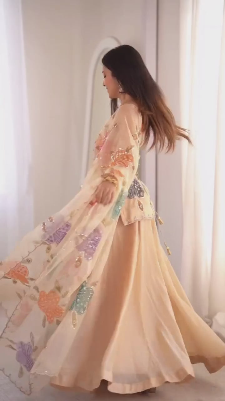 Tibby Organza Silk Sharara Suit with Brush Print & Sequin Work
