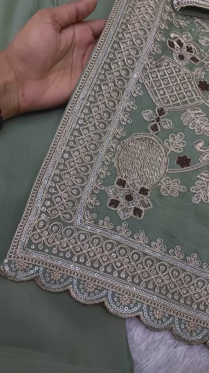 Sage Green Glass Satin Embroidered Salwar Suit Set with Dupatta