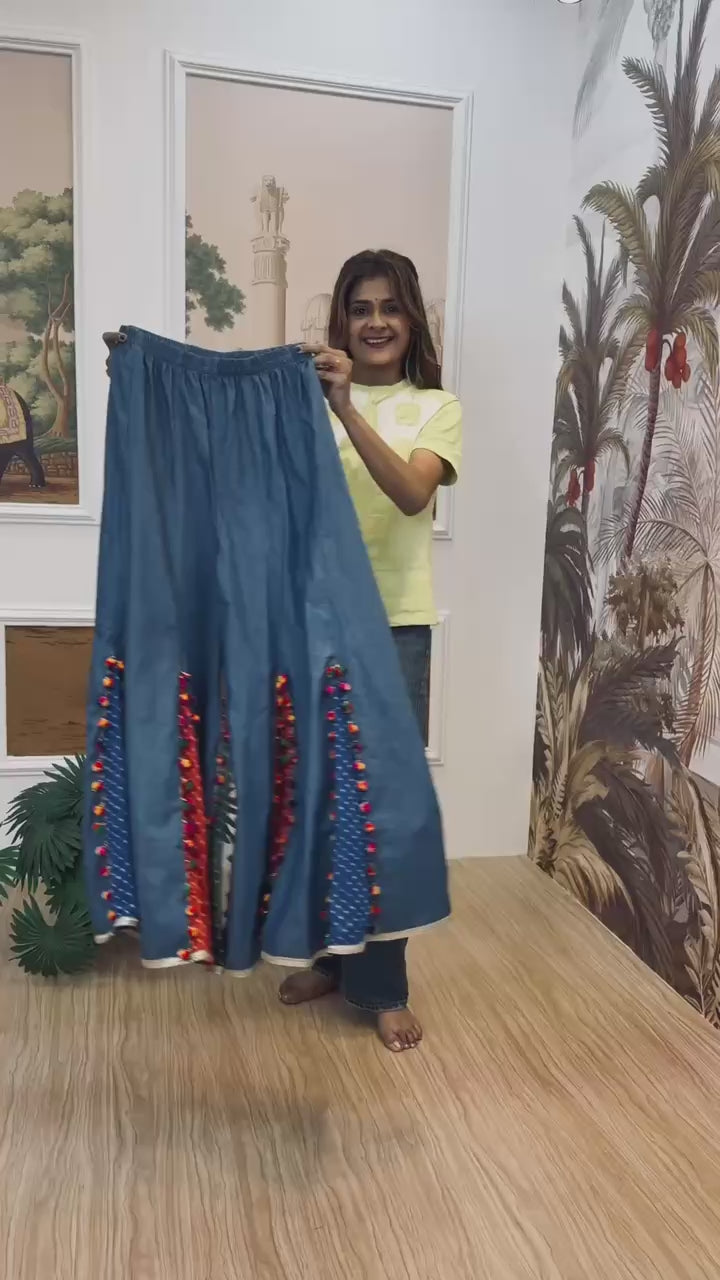 Navratri Premium Pure Cotton Denim Koti Shirt Palazzo Set for Women | Embroidered Ethnic Co-Ord Outfit