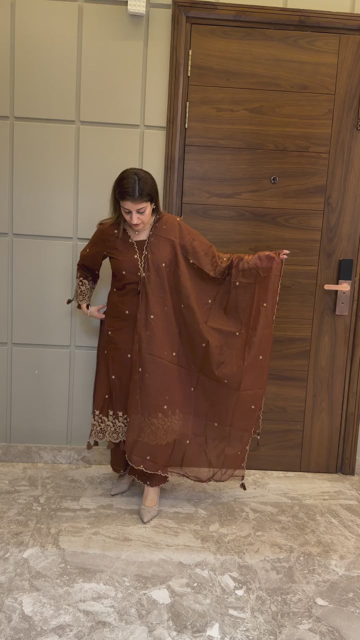Brown Rayon Embroidered Kurta Palazzo Set with Dupatta