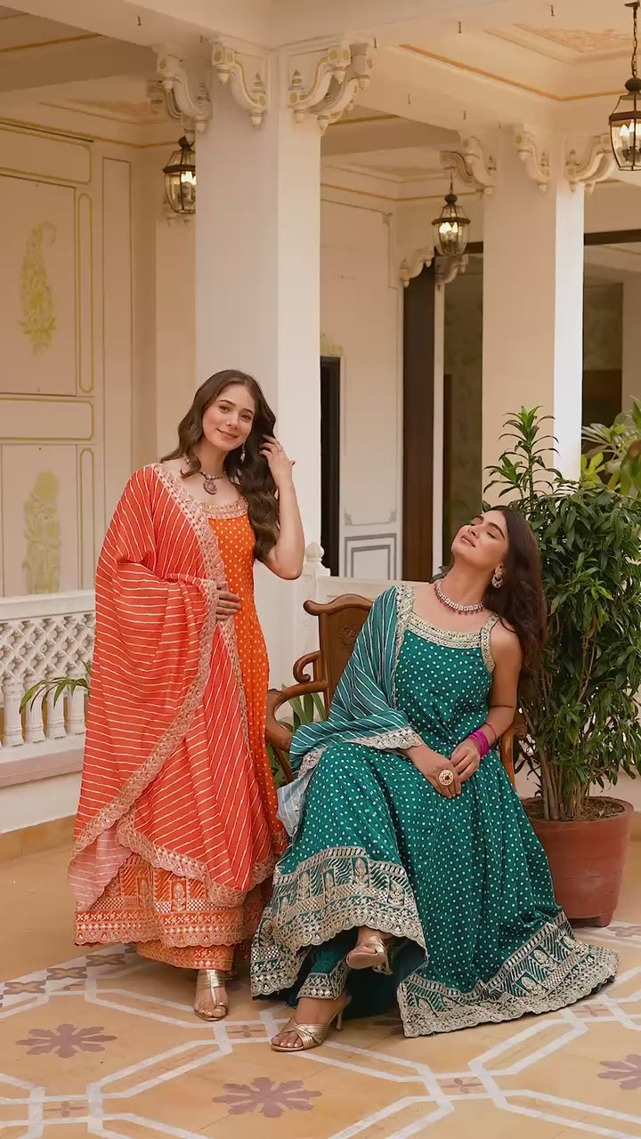 Premium Bandhani Gown with Palazzo & Leheriya Dupatta | Wedding & Festive Wear