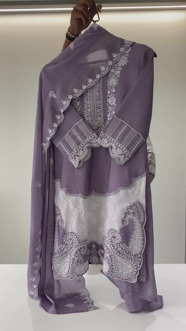 Lavender Air Tex Chinon Embroidered Suit Set