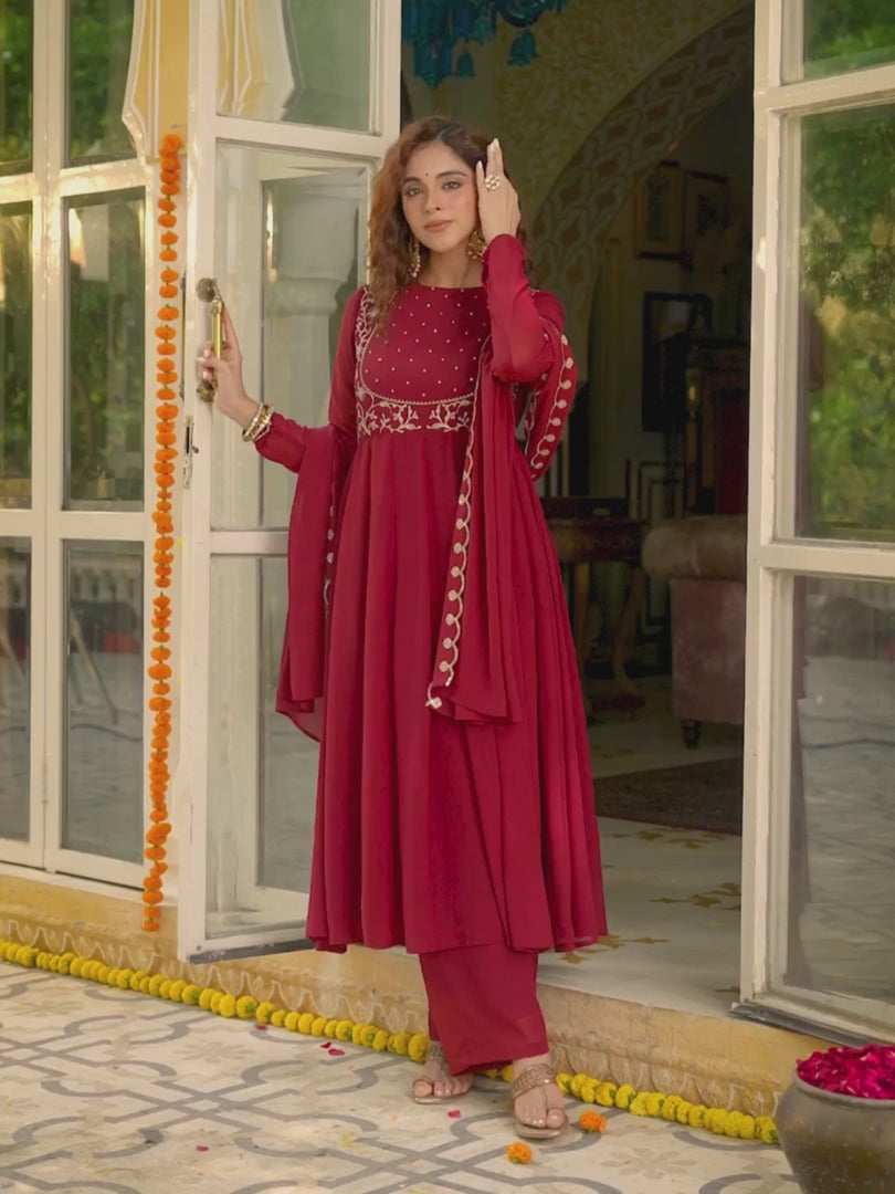 Wine Red Embroidered Kurta Pant Set | Jayant