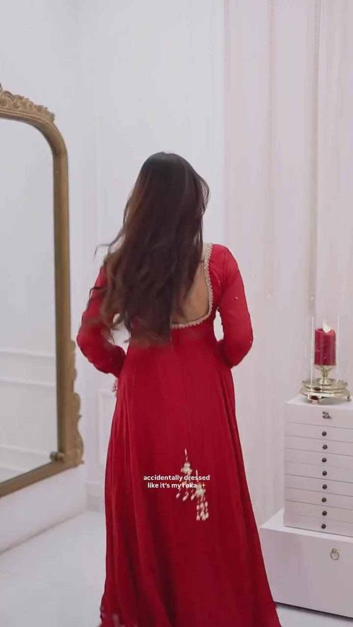 Elegant Red Faux Georgette Anarkali Suit with Hand Work