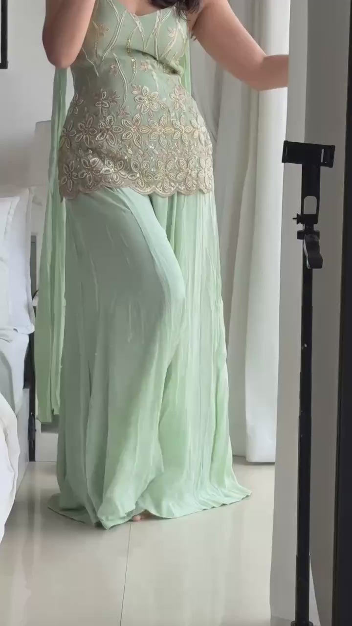 Mint Green Faux Georgette Embroidered Kurti Palazzo Set with Dupatta | Designer Party & Festive Wear Suit for Women