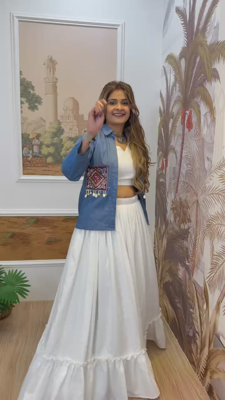 Navratri Premium Pure Cotton Denim Koti with White Lehenga & Blouse Set for Women | Embroidered Indo-Western Ethnic Wear