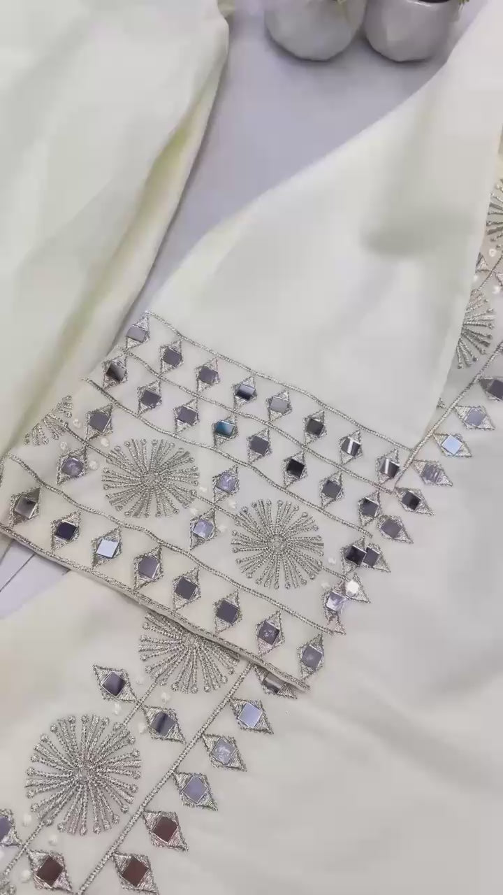 White Georgette Mirror Work Palazzo Suit Set
