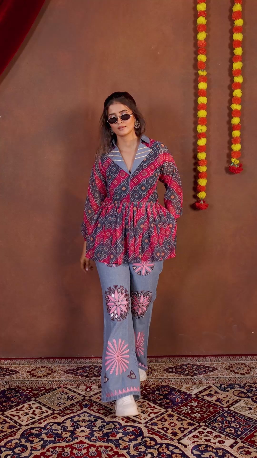 Printed Peplum Top with Embroidered Denim Palazzo | Indo Western Co-Ord Set | Designer Party Wear