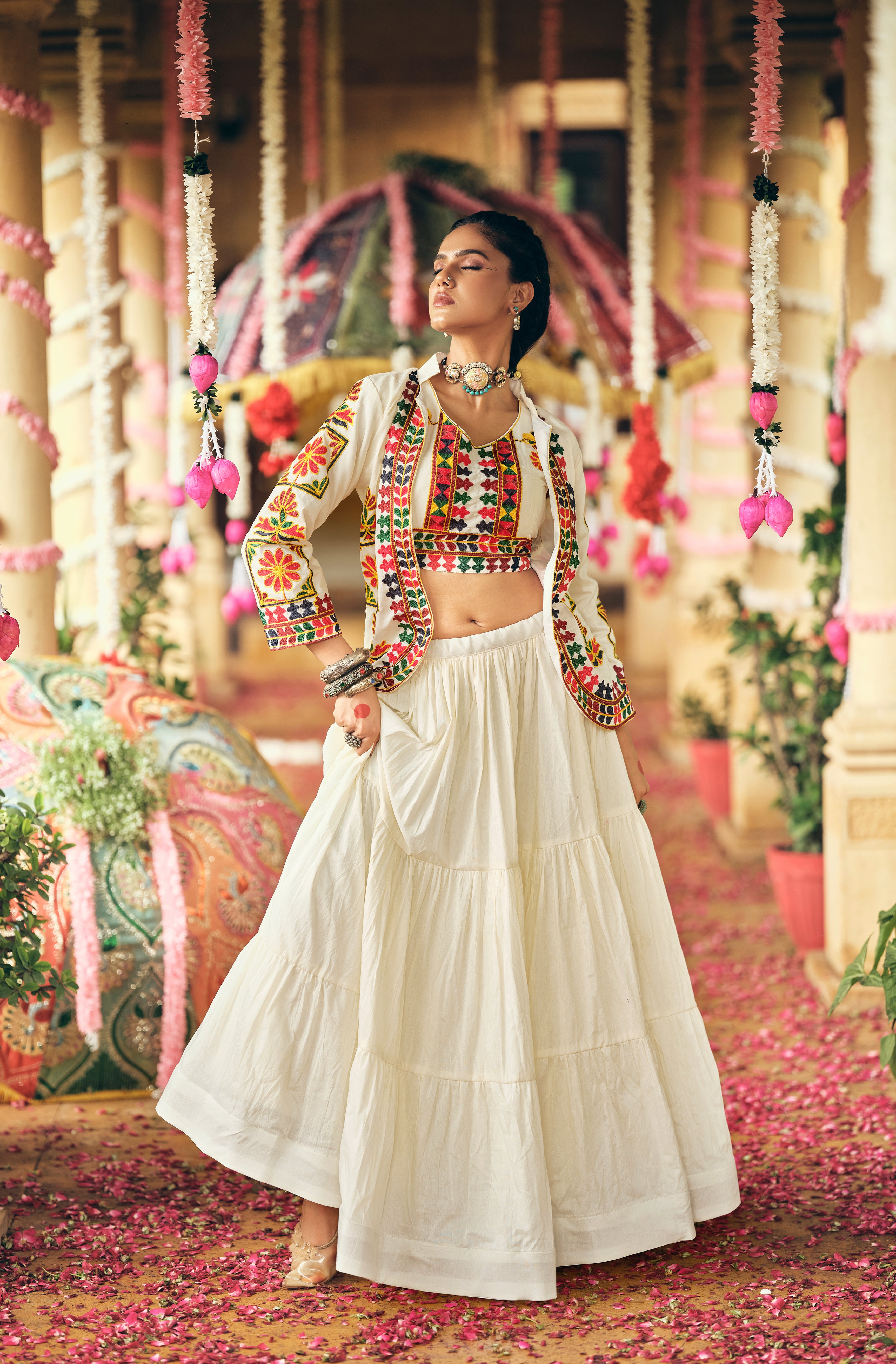 Women's White Cotton Lehenga Set with Embroidered Shrug & Blouse | Navratri Garba Dandiya Ethnic Wear