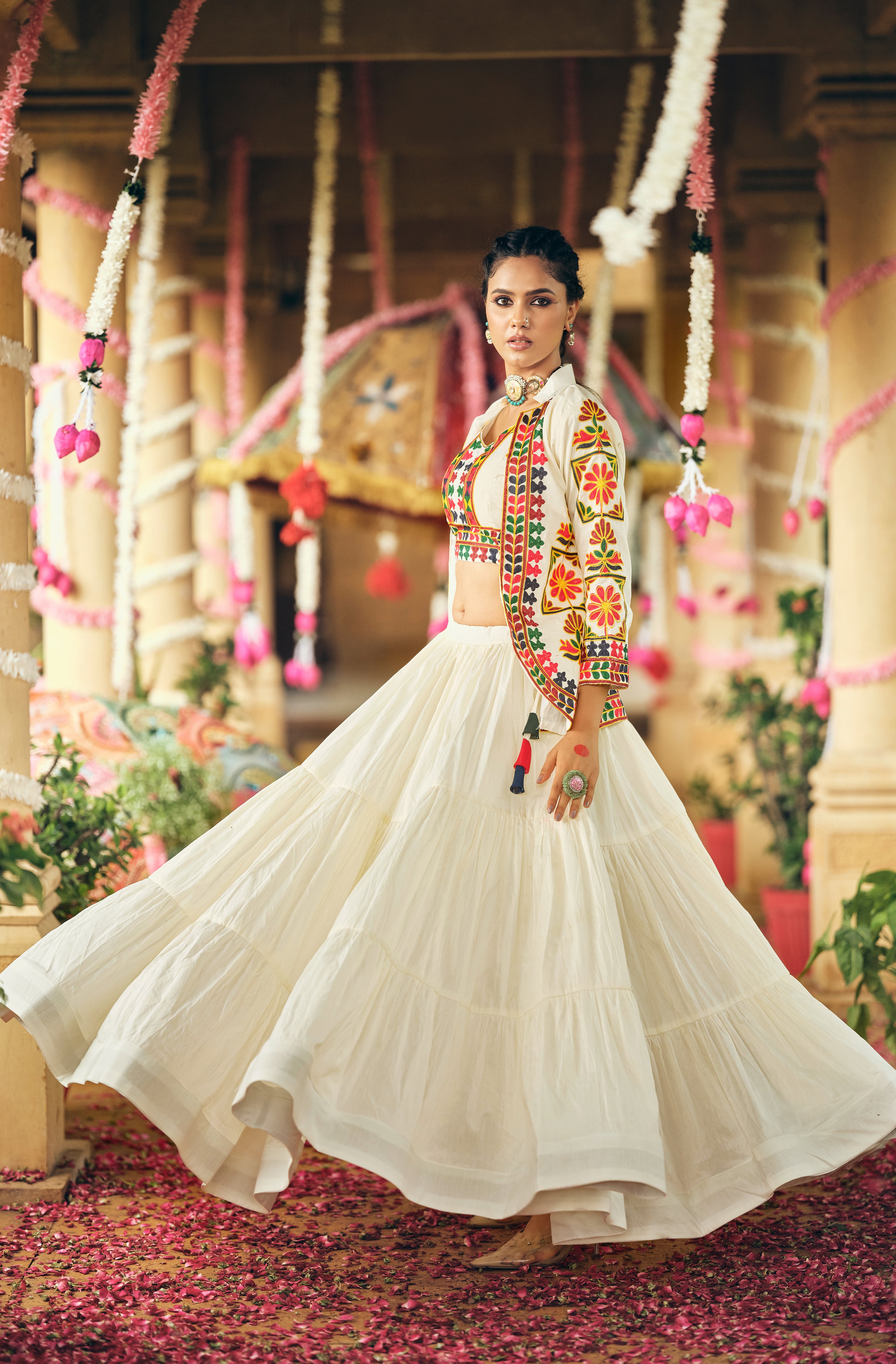 Women's White Cotton Lehenga Set with Embroidered Shrug & Blouse | Navratri Garba Dandiya Ethnic Wear