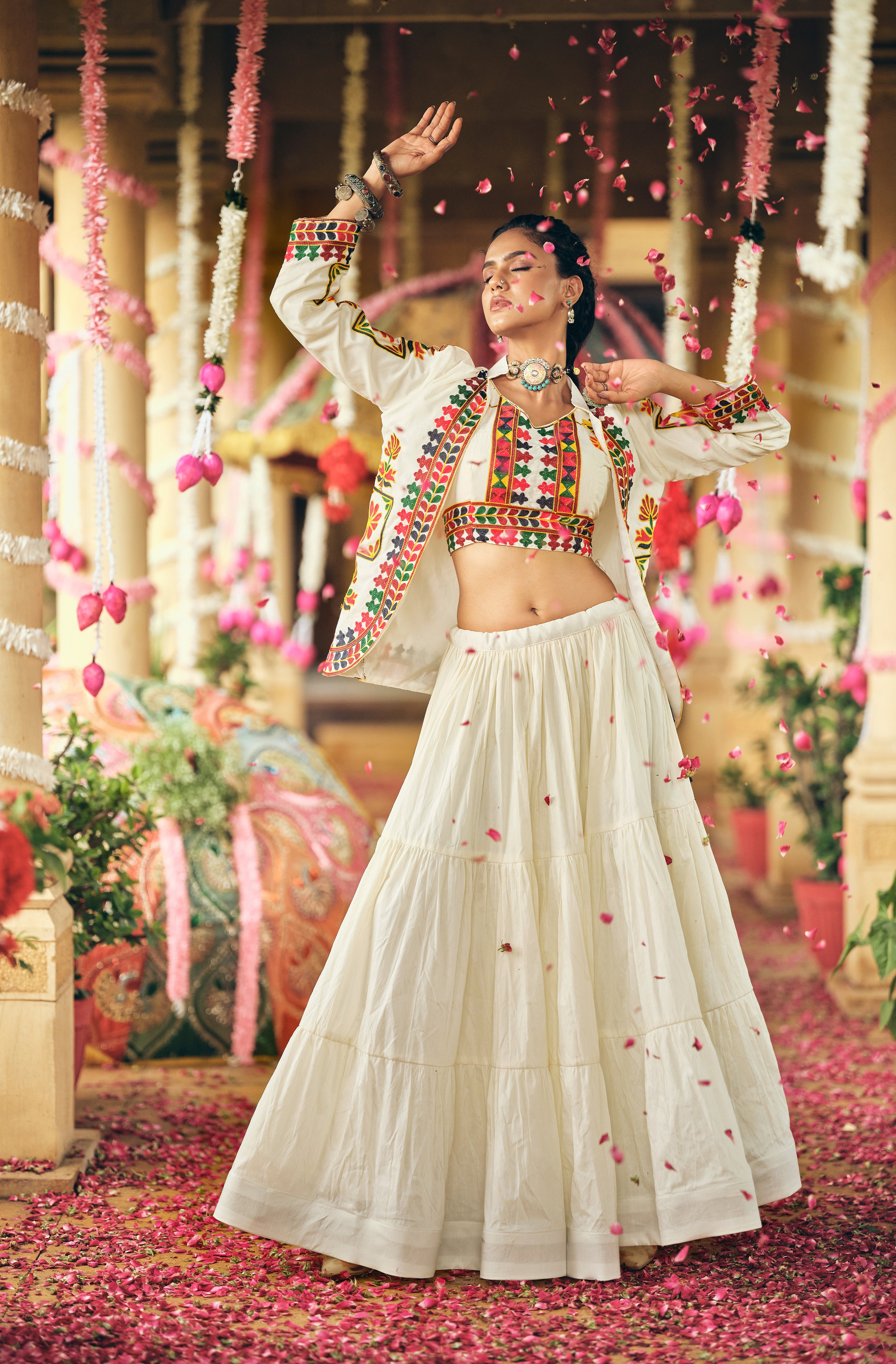 Women's White Cotton Lehenga Set with Embroidered Shrug & Blouse | Navratri Garba Dandiya Ethnic Wear