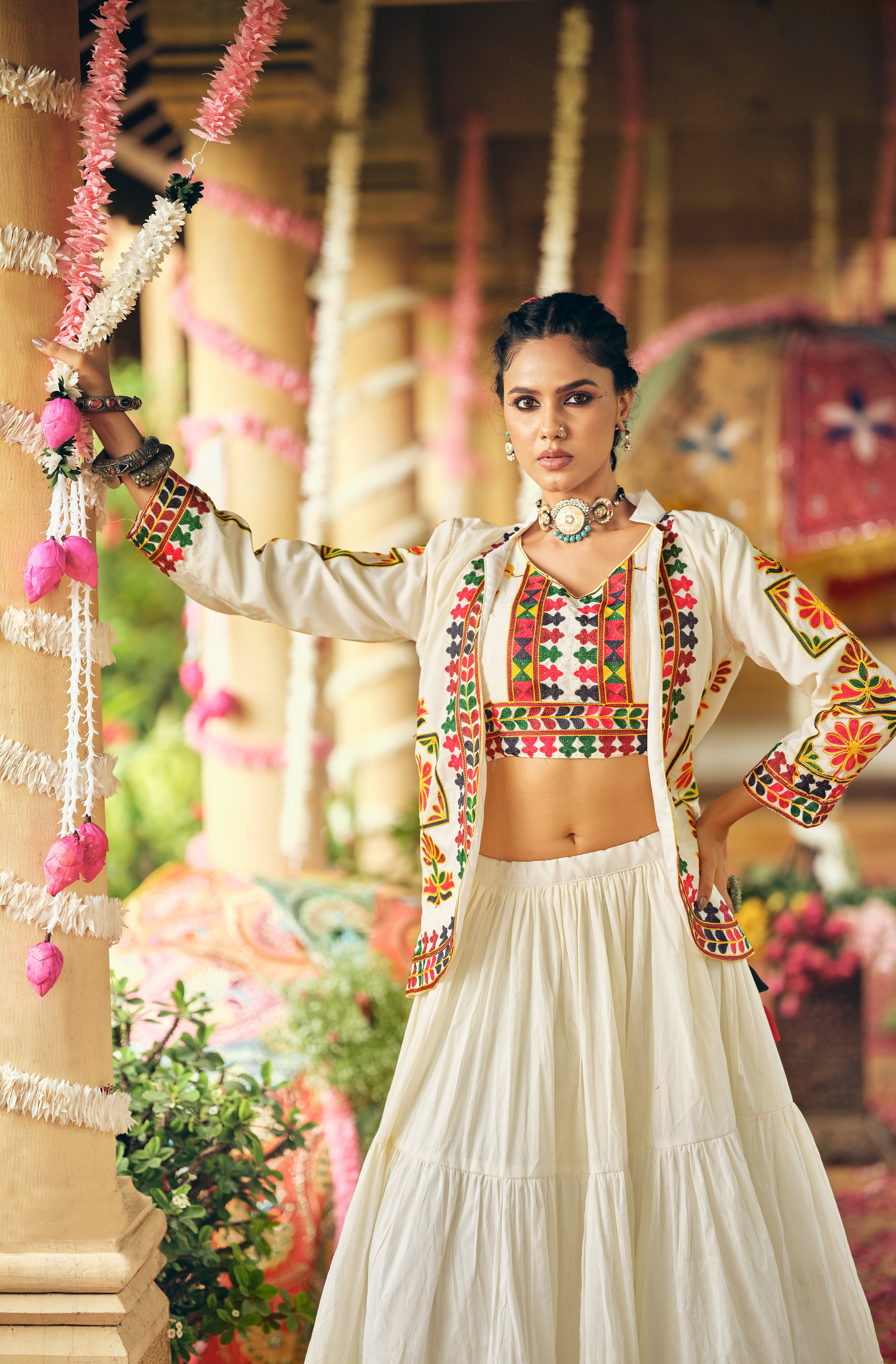 Women's White Cotton Lehenga Set with Embroidered Shrug & Blouse | Navratri Garba Dandiya Ethnic Wear