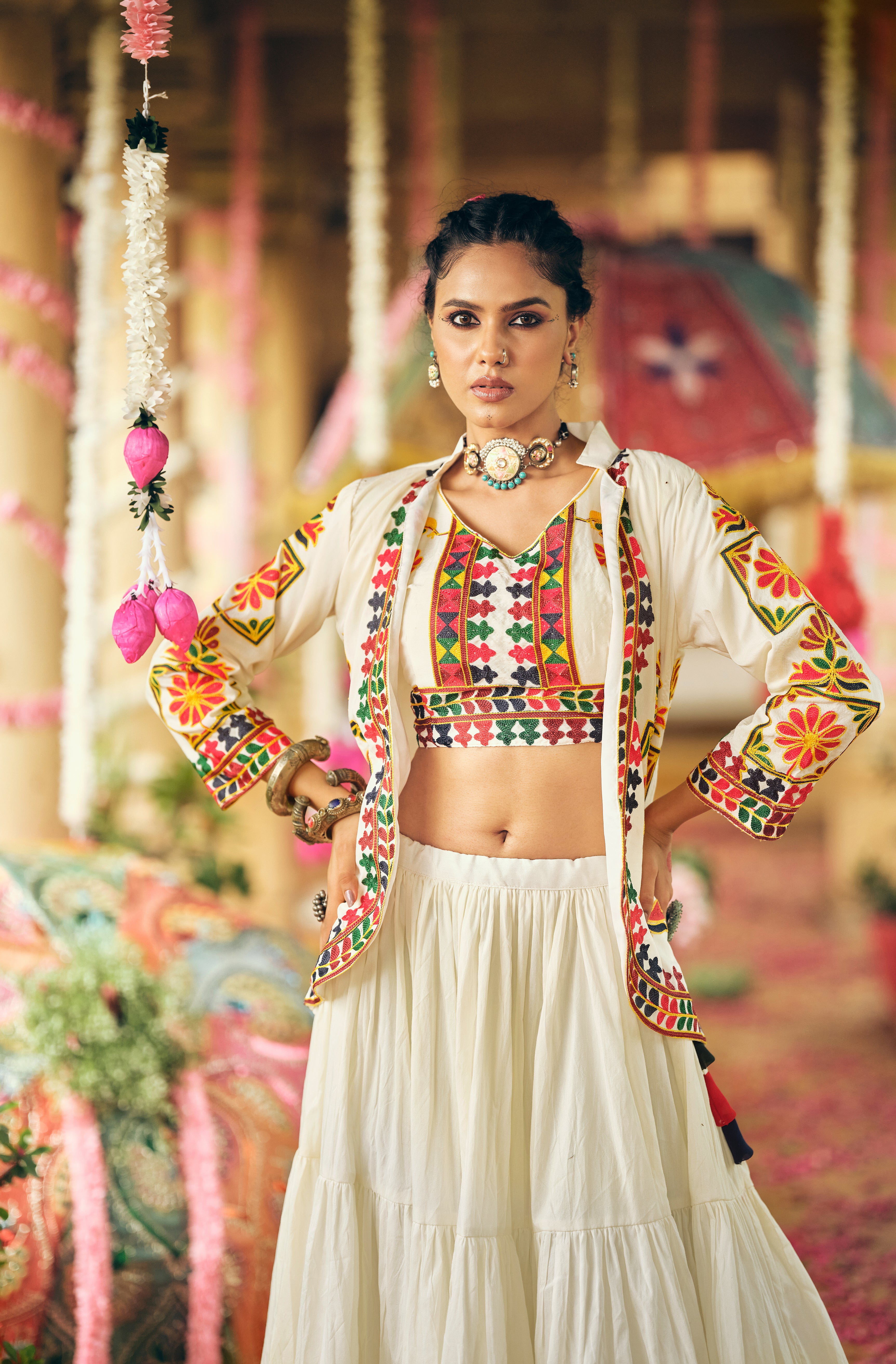 Women's White Cotton Lehenga Set with Embroidered Shrug & Blouse | Navratri Garba Dandiya Ethnic Wear